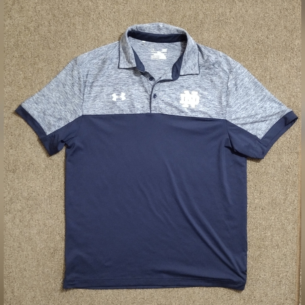 Under Armour Notre Dame Fighting Irish Polo Athletic Shirt Mens L Blue Gray Golf